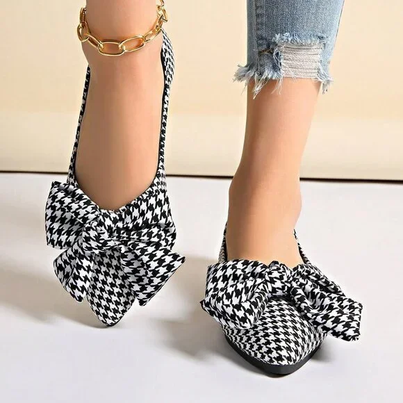 Black And White Casual Women's Loafers with Plaid Bow - Picture 1 of 8